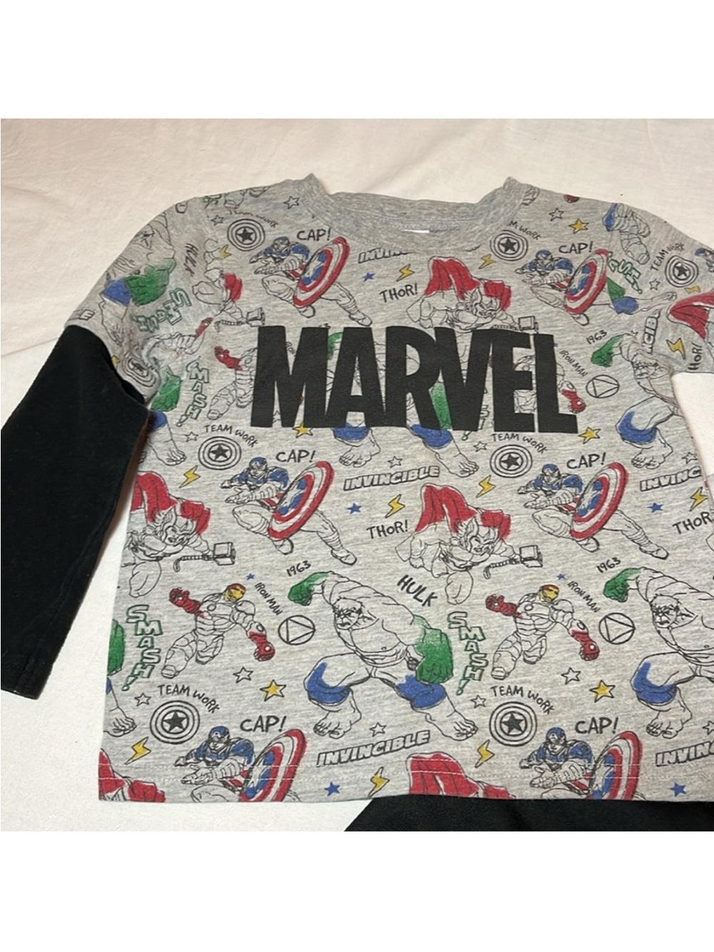 3T Marvel Logo Long Sleeve Tee — Grey with Multicolor Superhero Prints